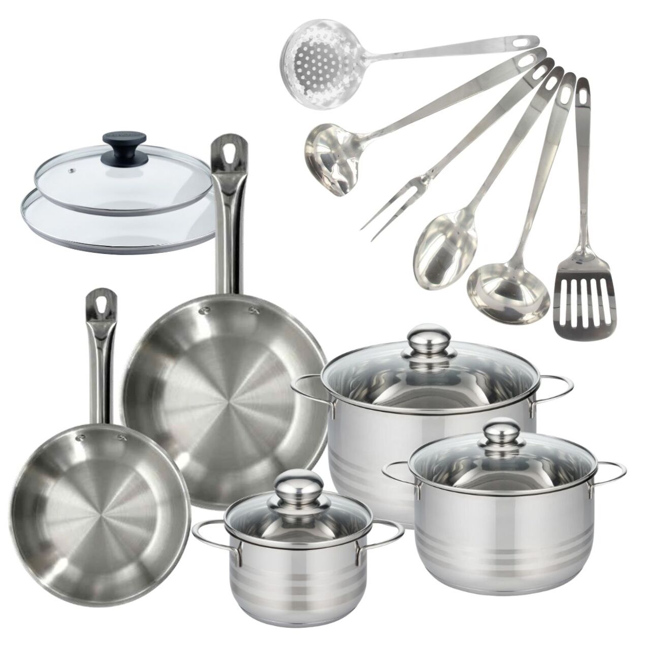 Set 2 poêles en inox et couvercles, 3 faitouts inox et 6 ustensiles inox Fackelmann Eterna