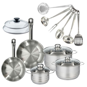 Set 2 poêles en inox et couvercles, 3 faitouts inox et 6 ustensiles inox Fackelmann Eterna