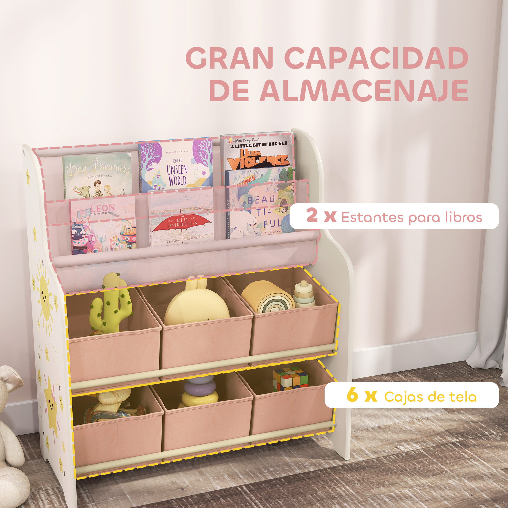 Estantería Infantil para Juguetes, con 6 Cajas Extraíbles de Tela no Tejida, Organizador de Juguetes con 2 Estantes, para Habitación Infantil, Sala de Juegos, Guardería, 63x30x71 cm, Rosa