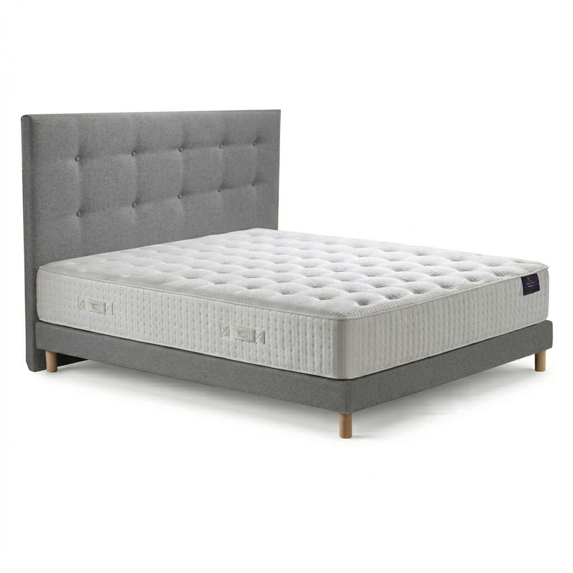 Ensemble matelas ressorts HÉLIOS, mémoire de forme, H31 cm, sommier et tête de lit gris