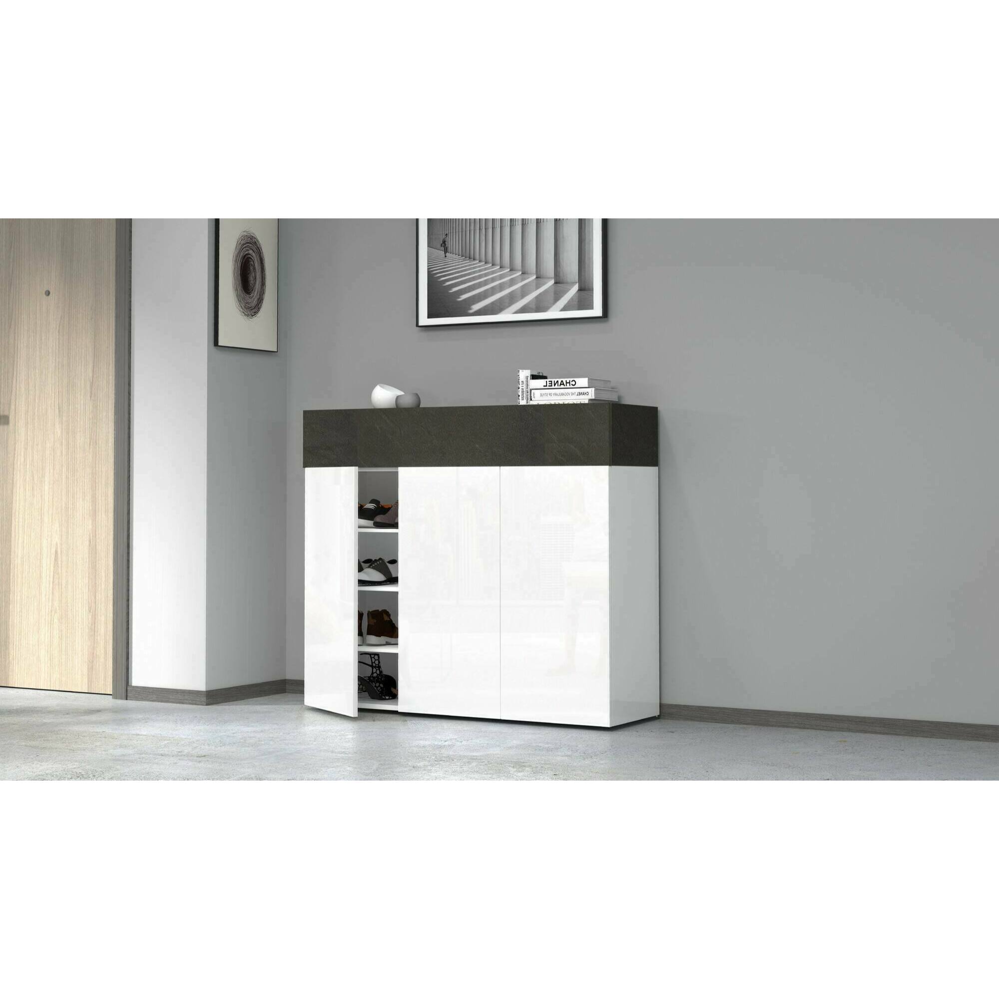 Scarpiera Griselda, Porta scarpe salvaspazio a 4 ante, Armadio multifunzione da ingresso, 114x38h100 cm, Bianco e Ardesia