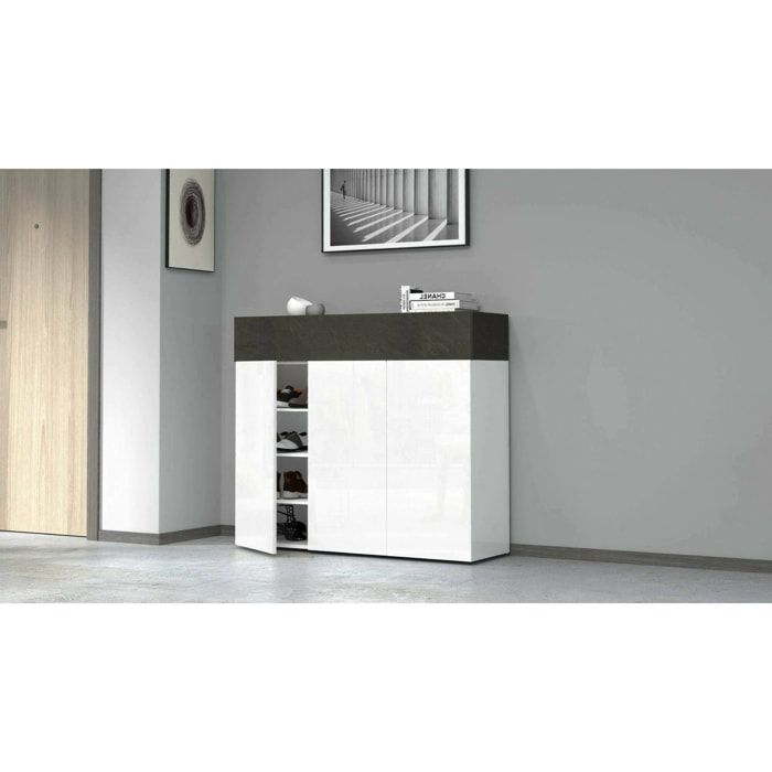 Scarpiera Griselda, Porta scarpe salvaspazio a 4 ante, Armadio multifunzione da ingresso, 114x38h100 cm, Bianco e Ardesia