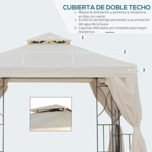 Cenador de Jardín 3x3 m con 4 Cortinas Laterales Extraíbles de Cremallera Beige