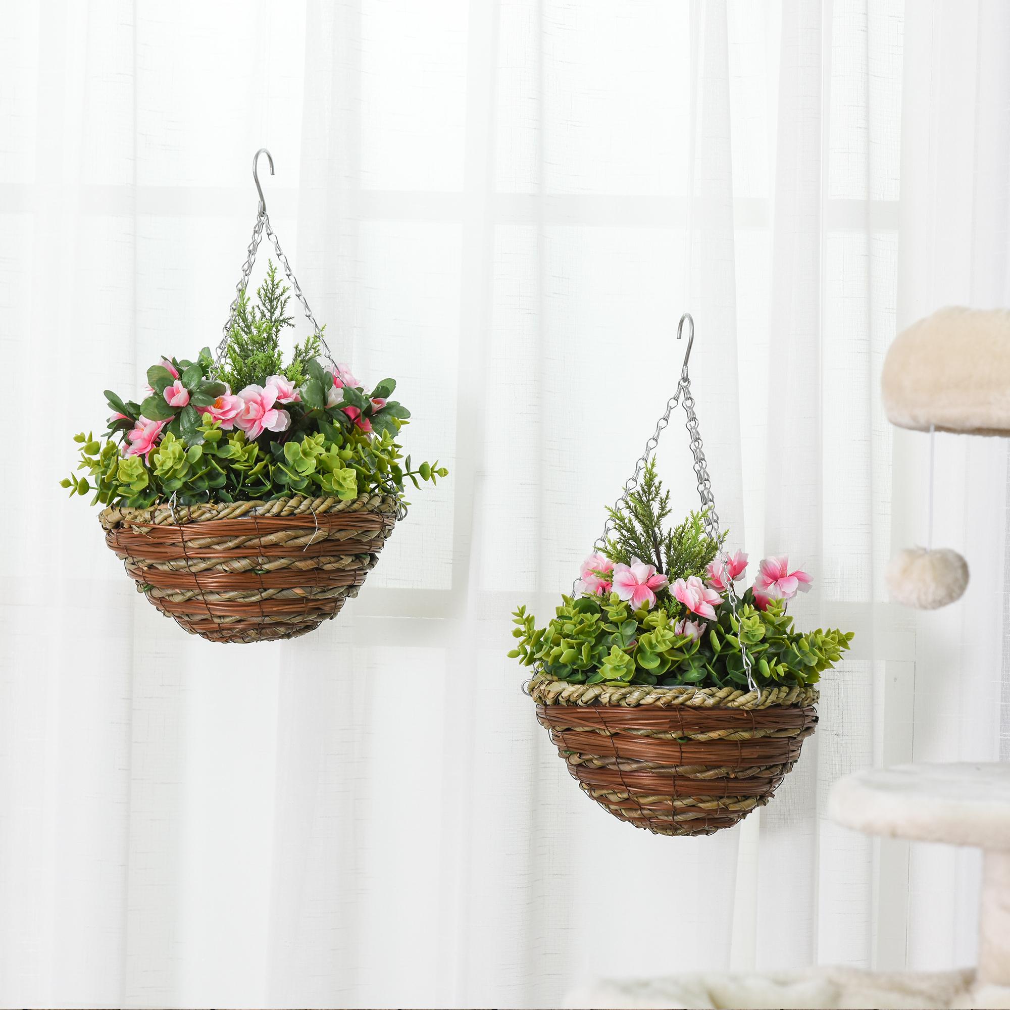 Juego de 2 Plantas Colgantes de Lisianthus Sintéticas para Interior y Exterior con Maceta de Mimbre y Cadenas Ø25x34 cm Rosa y Verde