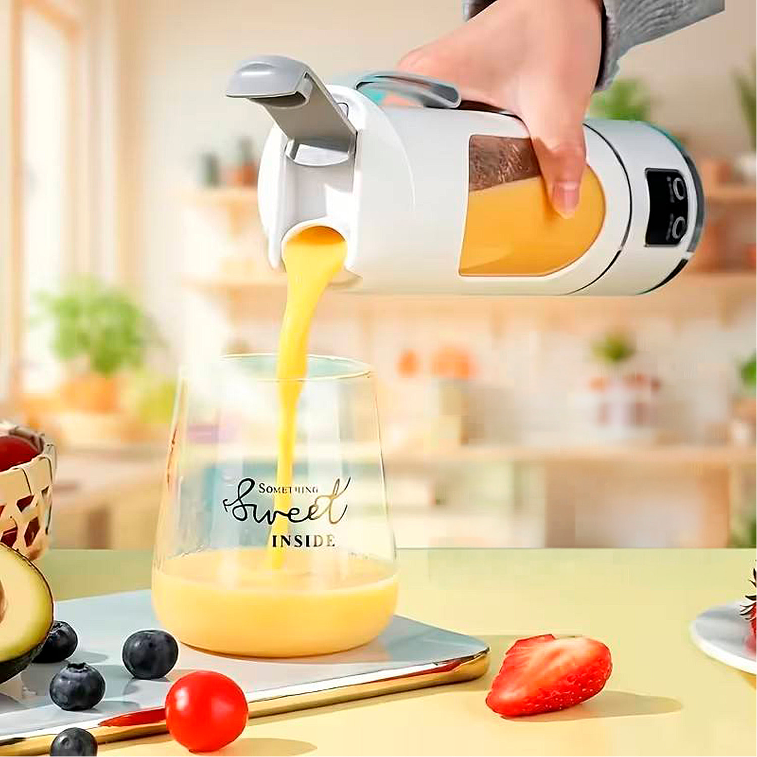 Batidora portatil de 450ml con 10 cuchillas de acero, pantalla LCD, 3 niveles de temporizador, seguridad por doble click y batería 1300mAh.