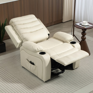 Sillón Relax Reclinable Eléctrico Levanta Personas, con Masaje Vibratorio y Calor, Sillón Elevador, con Puerto USB, Control Remoto, Reposapiés, Tapizado en PU, Bolsillos, Portavasos, Crema