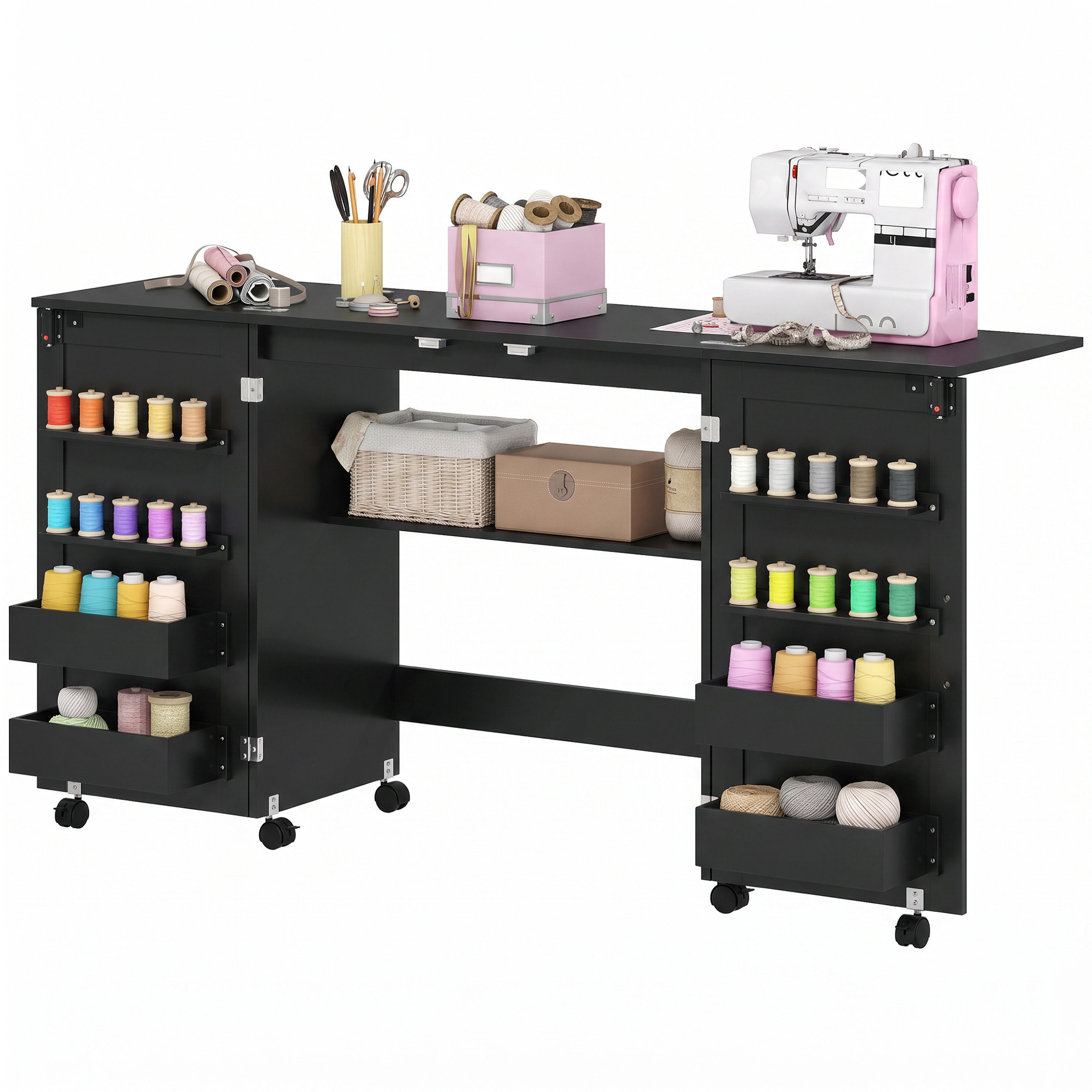 Table de couture pliable sur roulettes - 4 bacs, 20 porte-bobines, étagère - noir