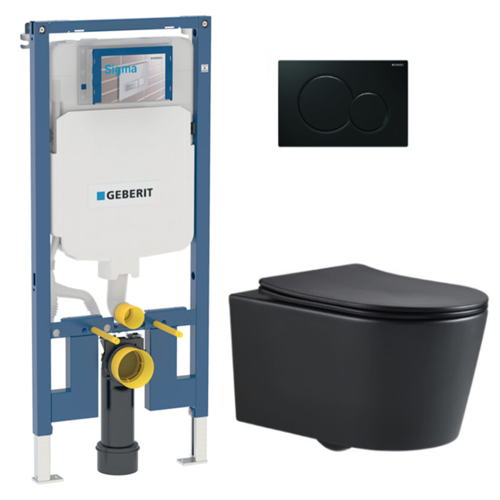 Pack WC sans bride SAT Noir mat + Abattant softclose + Bâti support Geberit Extra-plat UP720 + Plaque Noir brillante