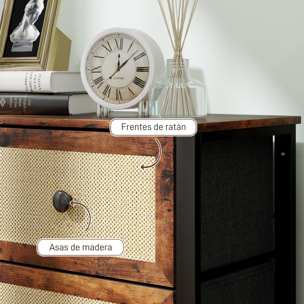 Cómoda para Dormitorio Cajonera de Tela con 6 Cajones Plegables con Frentes de Ratán y Marco de Acero Cajonera para Dormitorio Salón Marrón Rústico