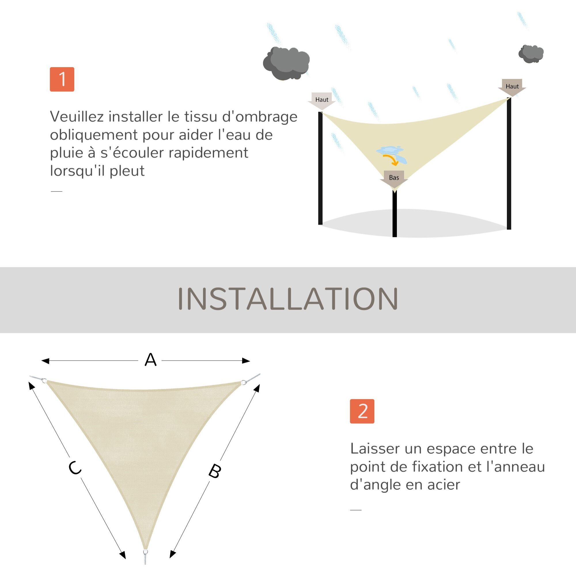 Voile d'ombrage triangulaire grande taille 6 x 6 x 6 m polyéthylène haute densité résistant aux UV crème