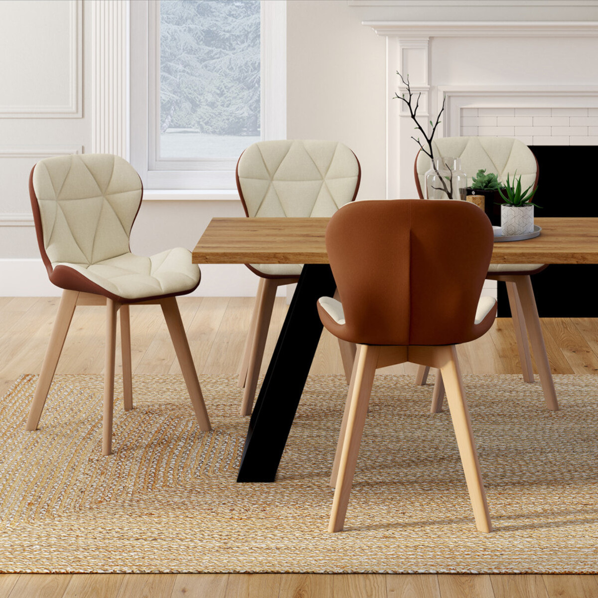 Chaises Gladys en tissu beige et camel et pieds bois - lot de 4