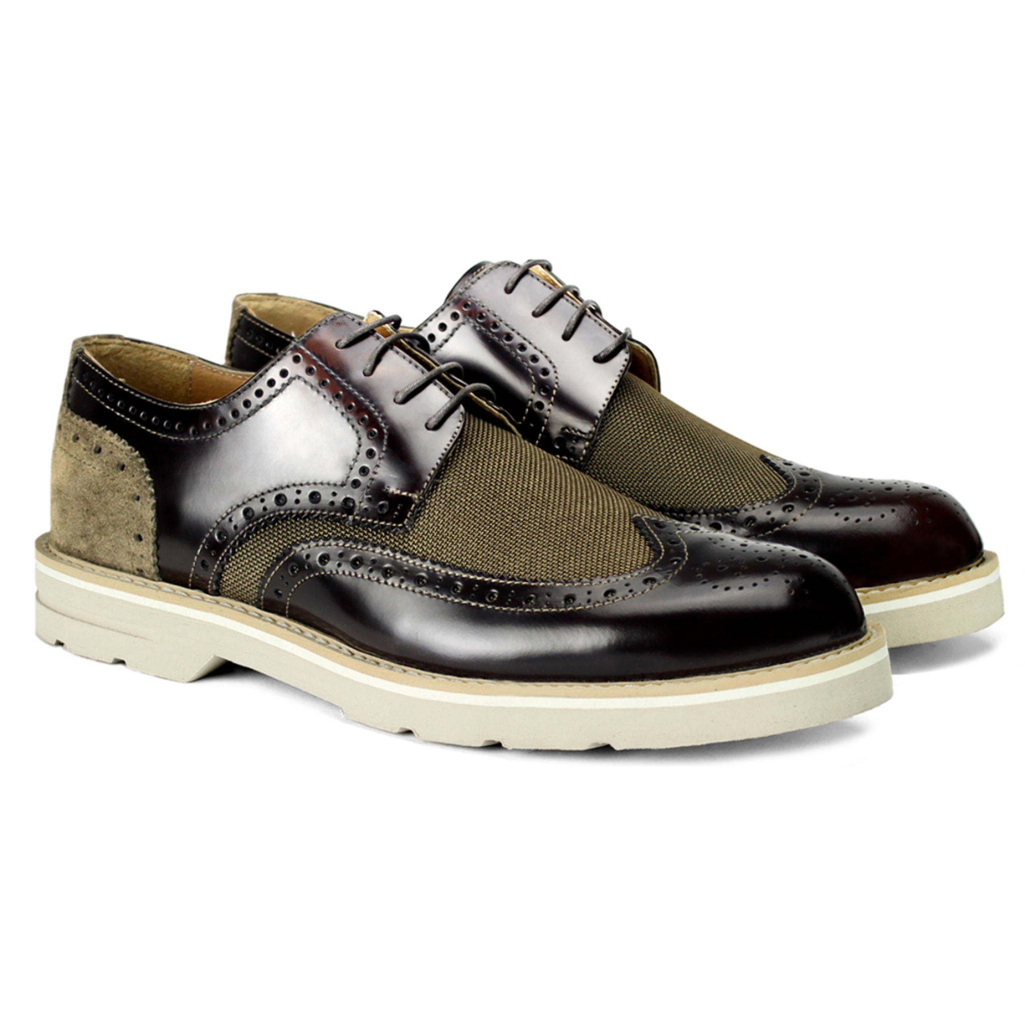 Derby in vera pelle abrasivato con tela/camoscio e suola in micro  taupe