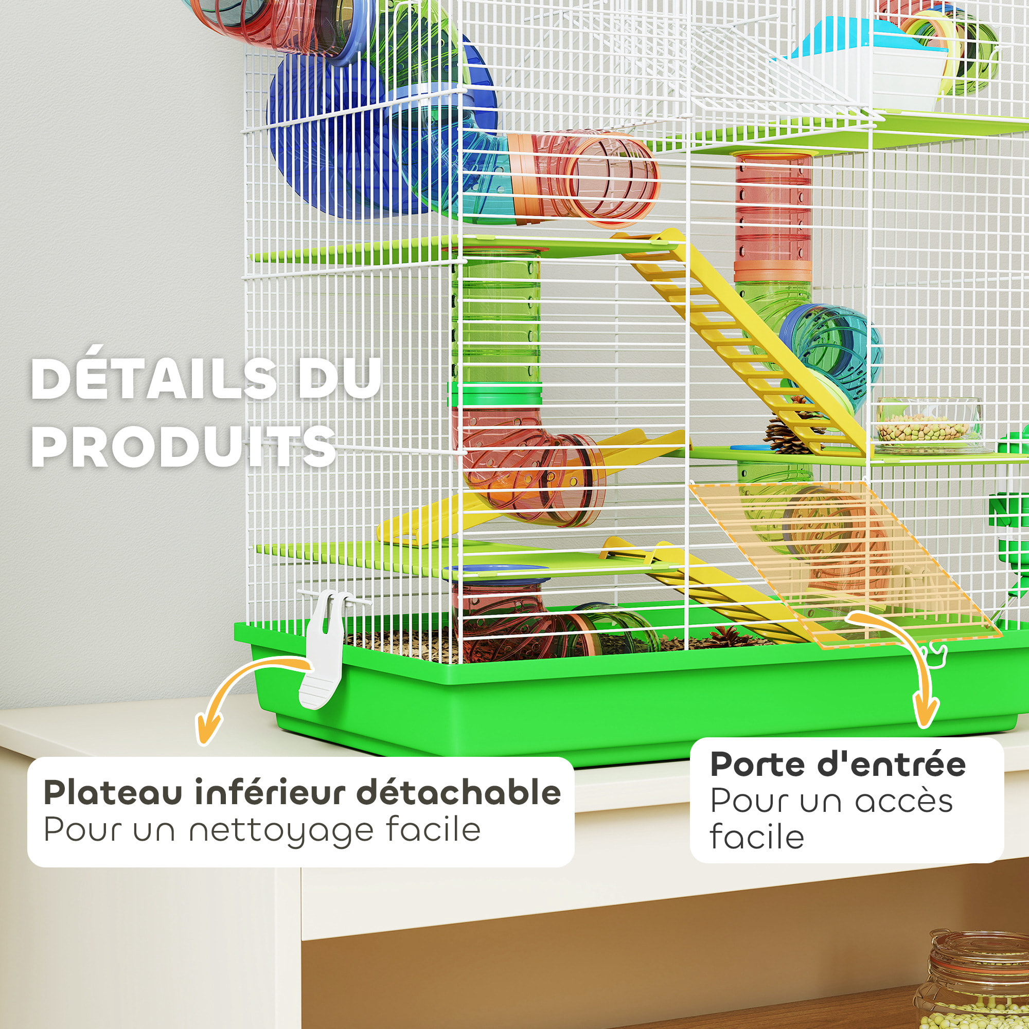 Cage pour hamster souris petits animaux rongeur avec tunnel mangeoire roue jouet 47 x 30 x 59 cm cm vert