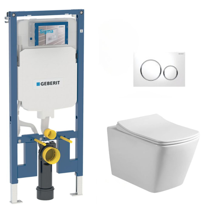 Pack WC sans bride Infinitio + Abattant softclose slim + Bâti support Geberit Extra-plat UP720 + Plaque Blanche