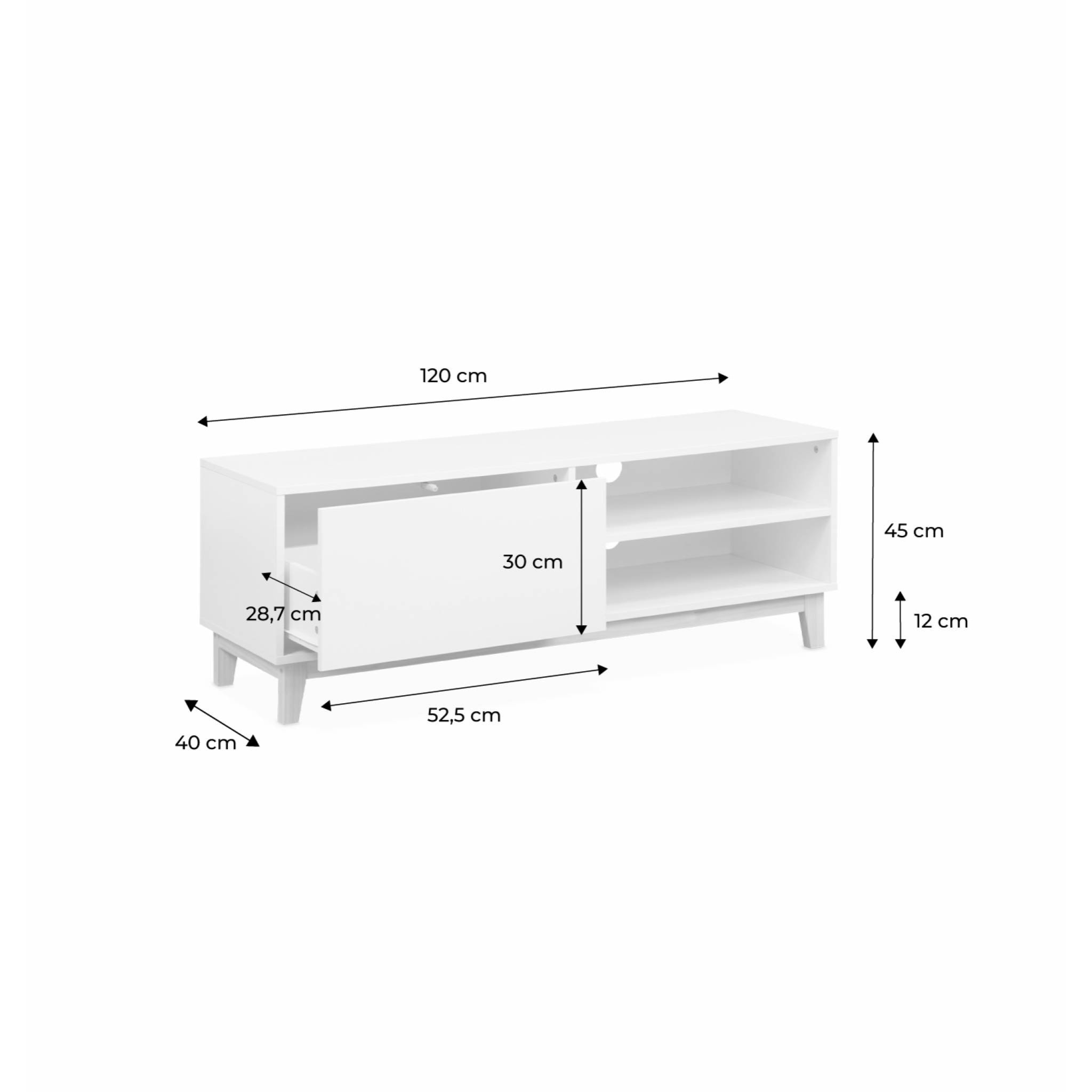 Meuble TV scandinave blanc - Floki - 1 tiroir. pieds en bois de sapin. 120x40x45cm