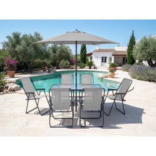 Table et chaises de jardin avec parasol en métal "Convivia" - 6 places - Gris clair