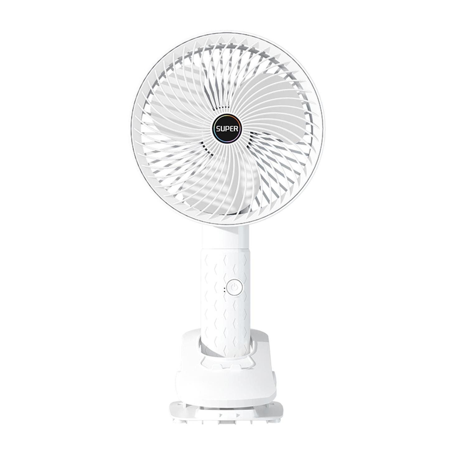 Ventilatore portatile da 5W, con batteria ricaricabile, rotazione a 360° e clip di presa.