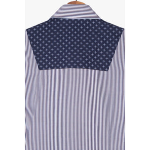 Camicia Uomo Bottone Italiano Slim Popeline Riga Larga Bianco e Blu