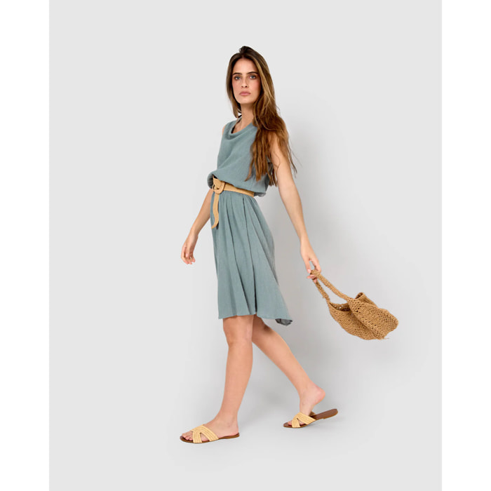 Vestido midi cuello drapeado algodón lino verde azulado