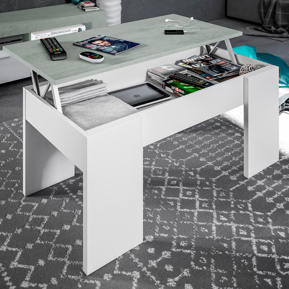 Mesa Centro Elevable 45x100x50cm Cemento/ Blanco Artik