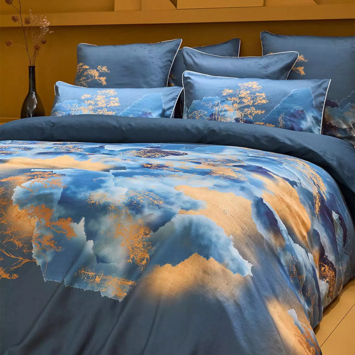 Housse de couette satin de coton imprimé bleu or Fuji nocturne