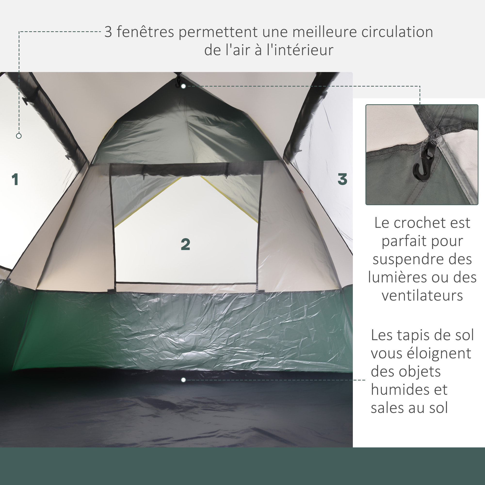 Tente de camping pop up 3 personnes porte 3 fenêtres sac de transport inclus fibre verre polyester PE jaune gris vert