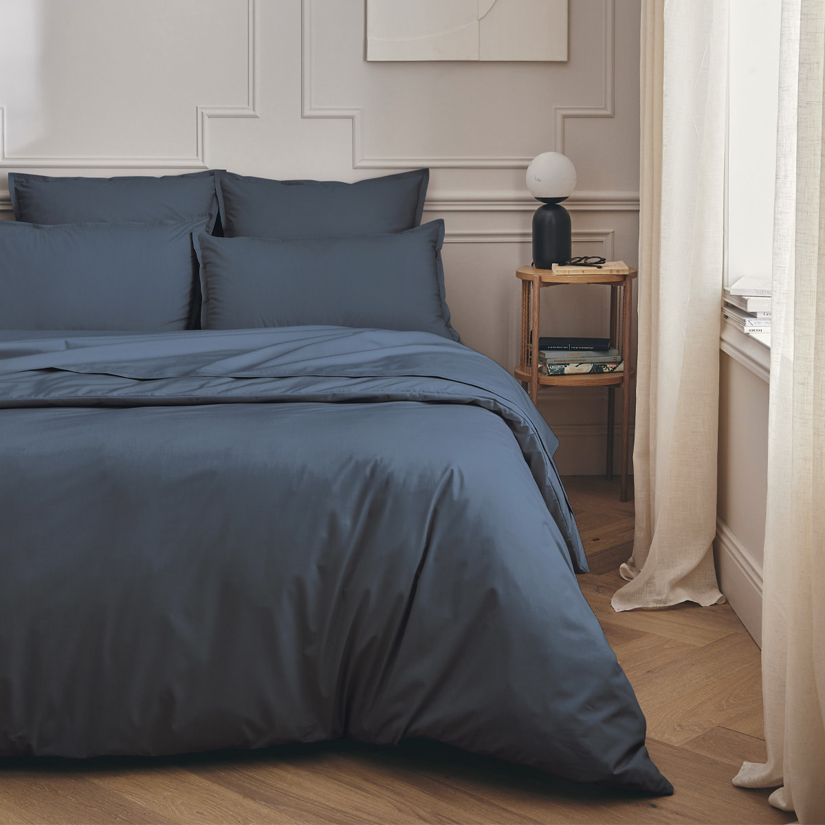 Drap plat uni en percale de coton, PREMIÈRE, Bleu Nuit