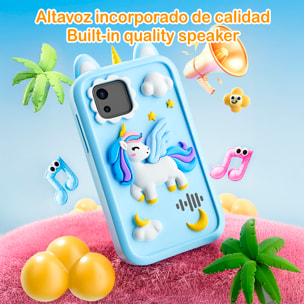 Cámara infantil K8 con forma de teléfono. Con cámara dual de hasta 12MP, video de 1080p y pantalla táctil IPS de 2.8". Con funda de silicona de unicornio.