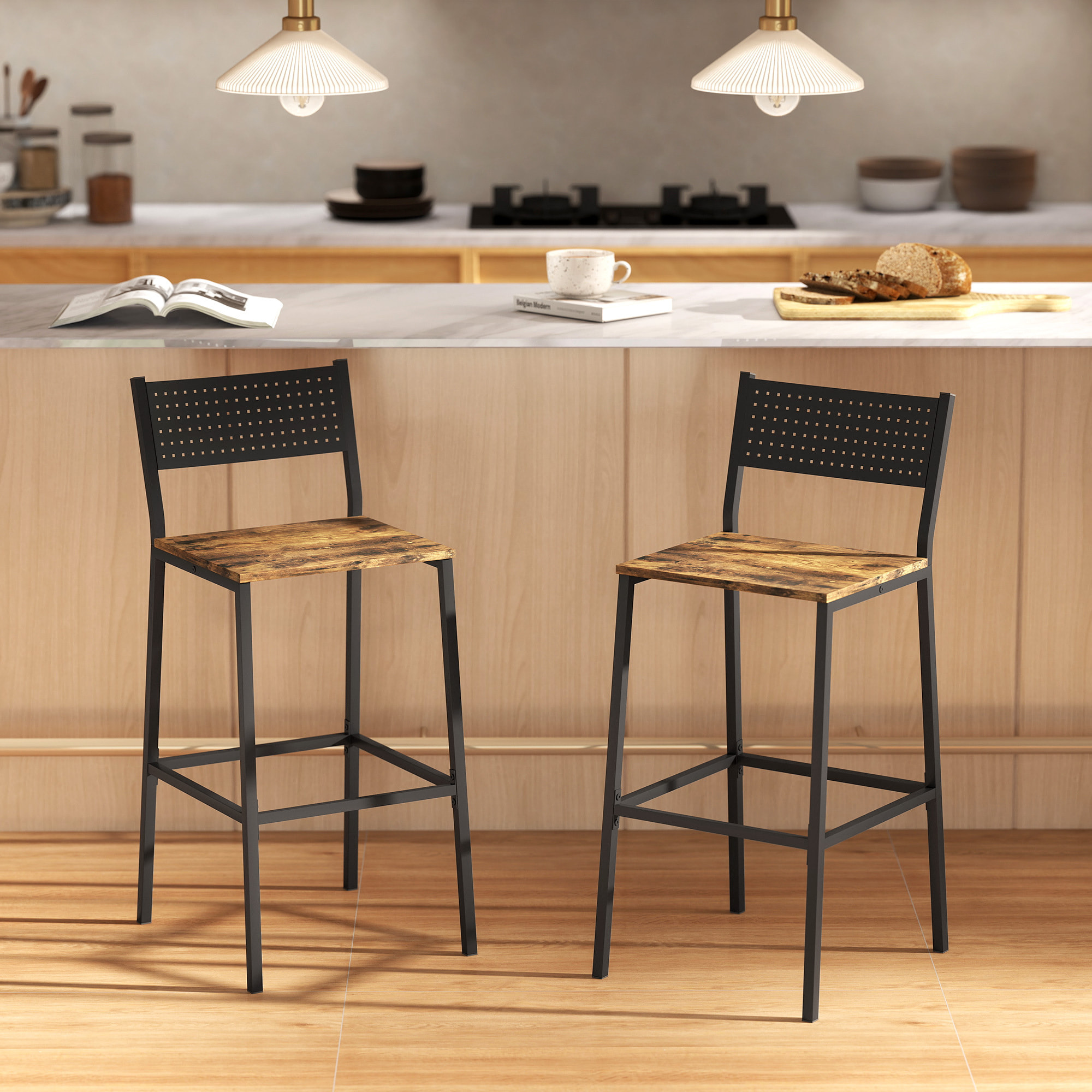 Lot de 2 tabourets de bar style industriel métal noir effet bois vieilli
