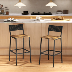Lot de 2 tabourets de bar style industriel métal noir effet bois vieilli