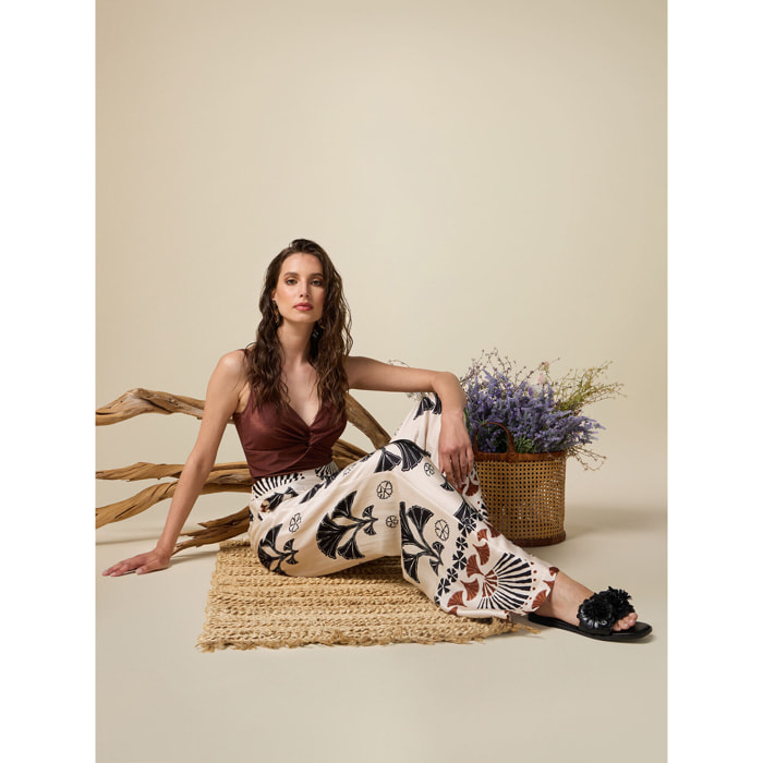 Oltre - Pantalón modelo palazzo de raso estampado - Blanco