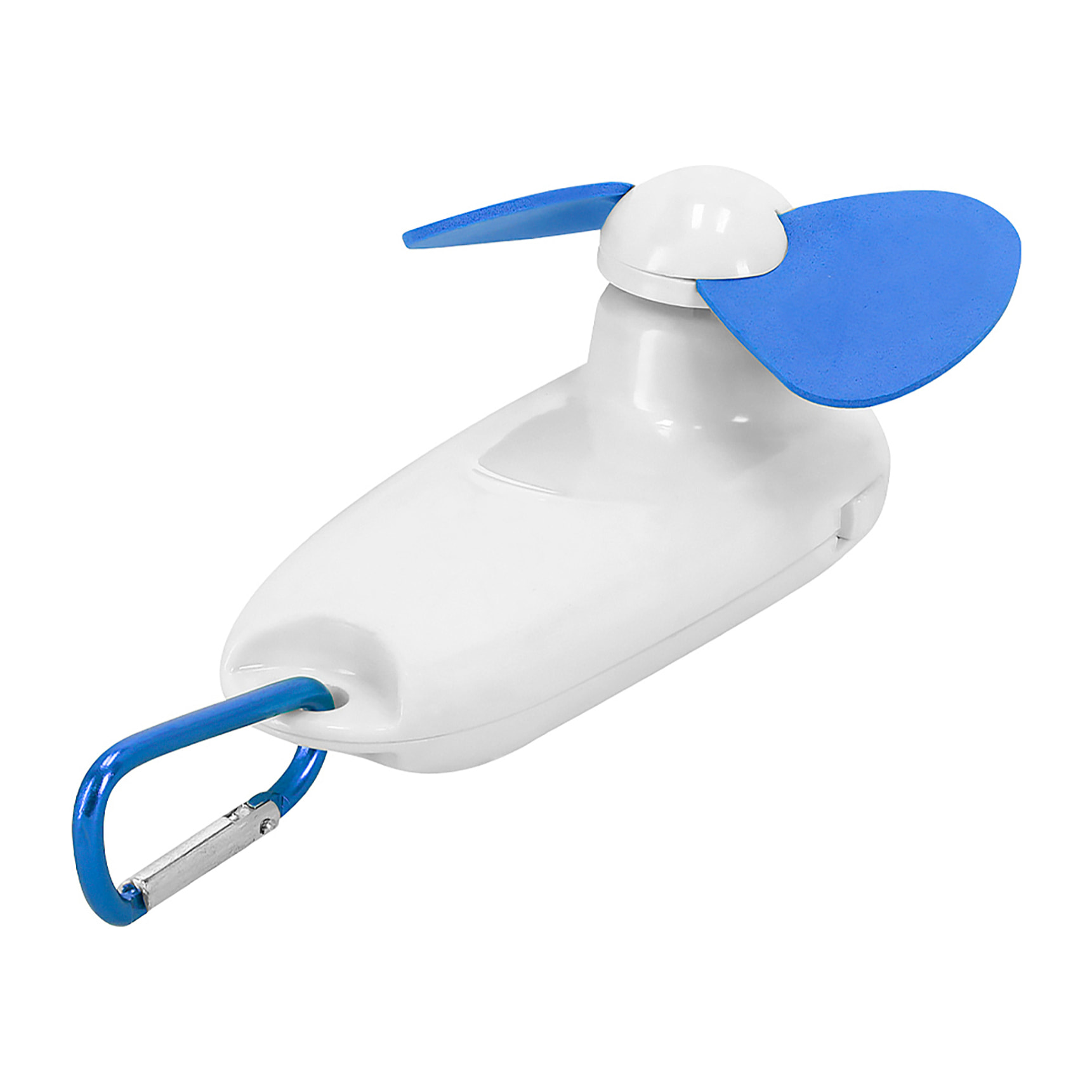 Ventilador portátil con linterna LED integrada y mosquetón para transporte.