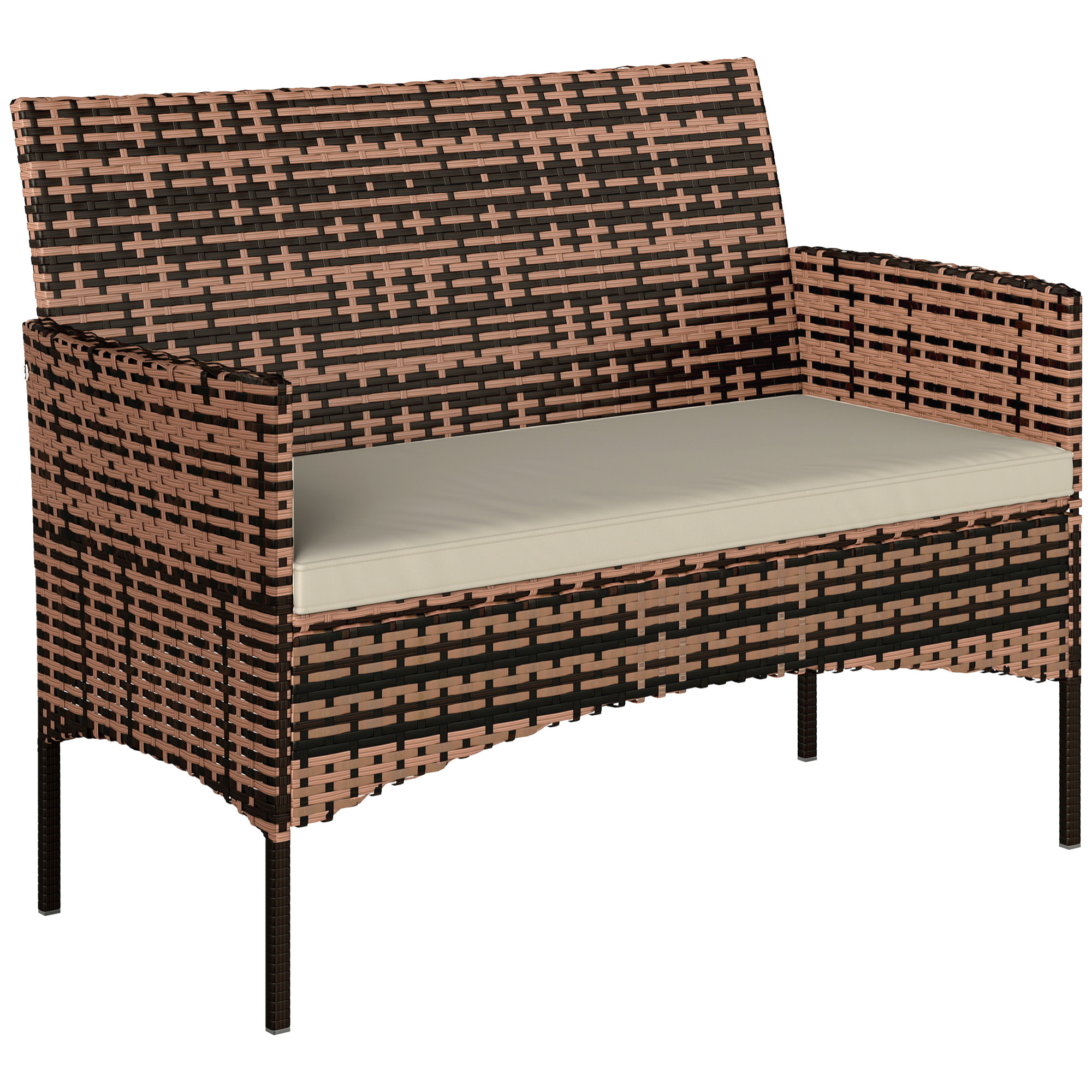 Sofá Exterior de Ratán de 2 Plazas, Sofá de Jardín Exterior con Cojín Lavable, Estructura de Acero, para Balcón, Porche, Patio, Caqui