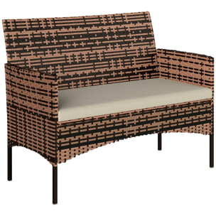 Sofá Exterior de Ratán de 2 Plazas, Sofá de Jardín Exterior con Cojín Lavable, Estructura de Acero, para Balcón, Porche, Patio, Caqui