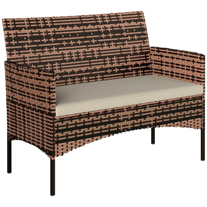 Sofá Exterior de Ratán de 2 Plazas, Sofá de Jardín Exterior con Cojín Lavable, Estructura de Acero, para Balcón, Porche, Patio, Caqui
