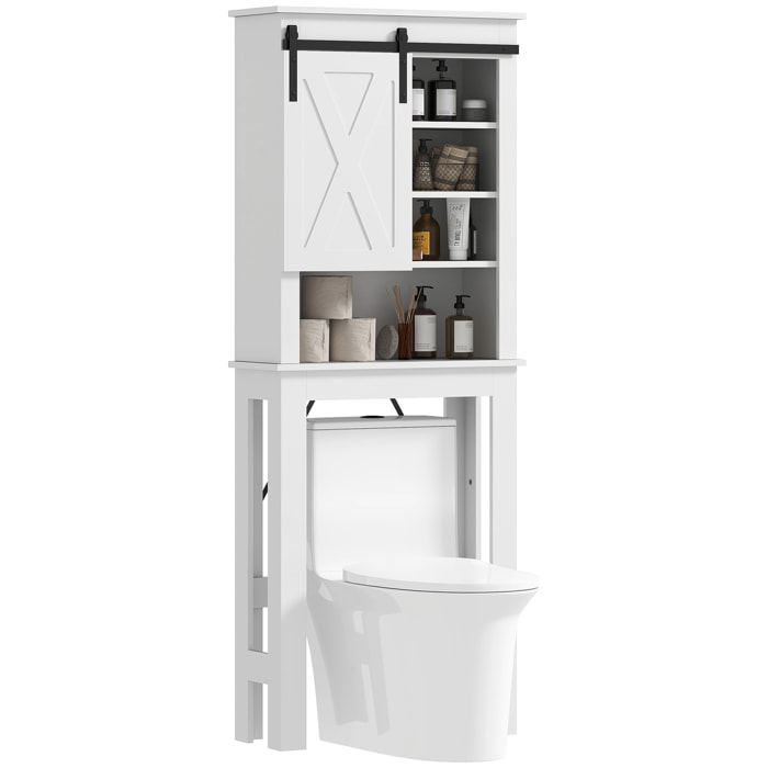 Mueble sobre Inodoro Armario sobre Inodoro con Puerta Corredera de Granero y 6 Compartimentos Mueble de Baño Rústico 67x25x172 cm Blanco