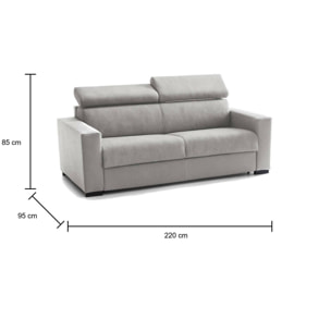 Divano Letto Aiko, Divano a 3 posti, 100% Made in Italy, Sofà Soggiorno con apertura girevole, con poggiatesta regolabili e Braccioli standard, Cm 220x95h85, Grigio