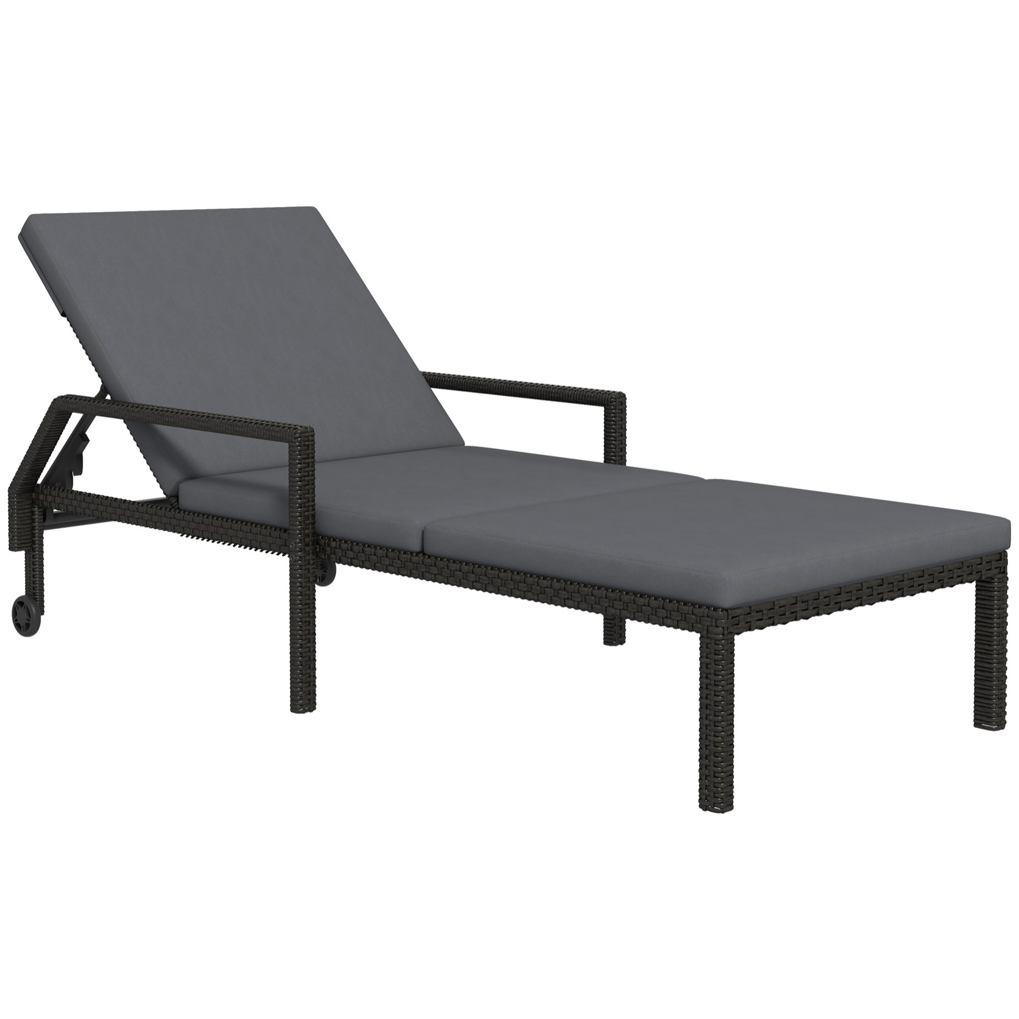 Tumbona de Ratán Chaise Longue de Jardín con Respaldo Ajustable en 5 Posiciones Cojín Acolchado y 2 Ruedas Carga 120 kg 73x200x48 cm Gris Oscuro y Negro