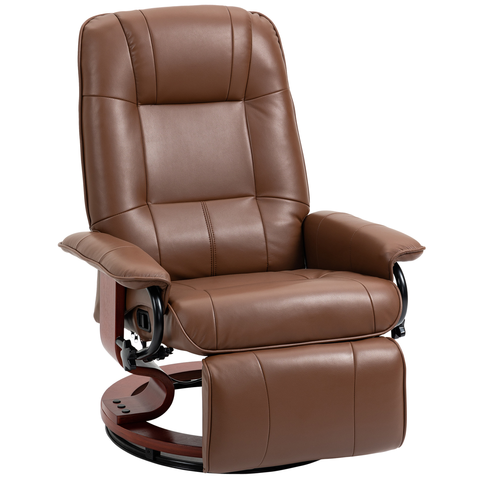 Fauteuil relax inclinable pivotant repose-pied réglable piètement bois revêtement synthétique marron