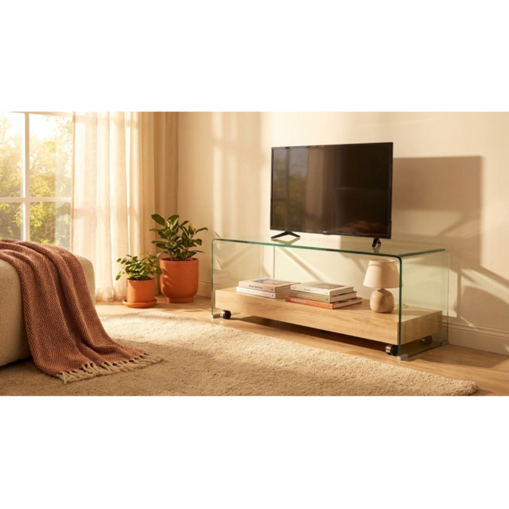 Meuble TV en verre trempé transparent avec étagère en bois - GLASS