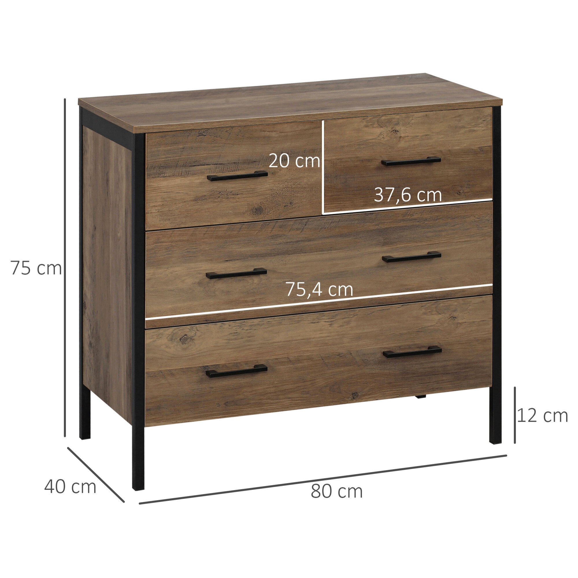 HOMCOM Cajonera con 4 Cajones Cómoda de Dormitorio de Madera Mueble Almacenaje para Salón Habitación Oficina Estilo Industrial Antivuelco 80x40x75 cm Marrón