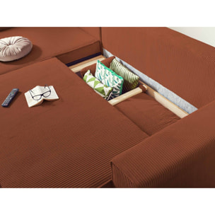 Dellia - canapé d'angle réversible convertible - avec coffre - en velours côtelé - 4 places - Terracotta
