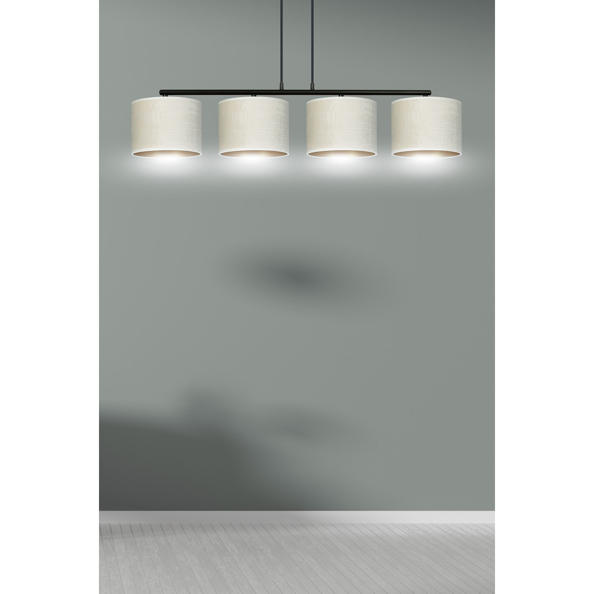 Lampada a sospensione Hilde in acciaio nero e tessuto bianco