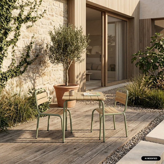 Table de jardin enfant acier et décor bois + 2 assises SUZIE 2 PLACES