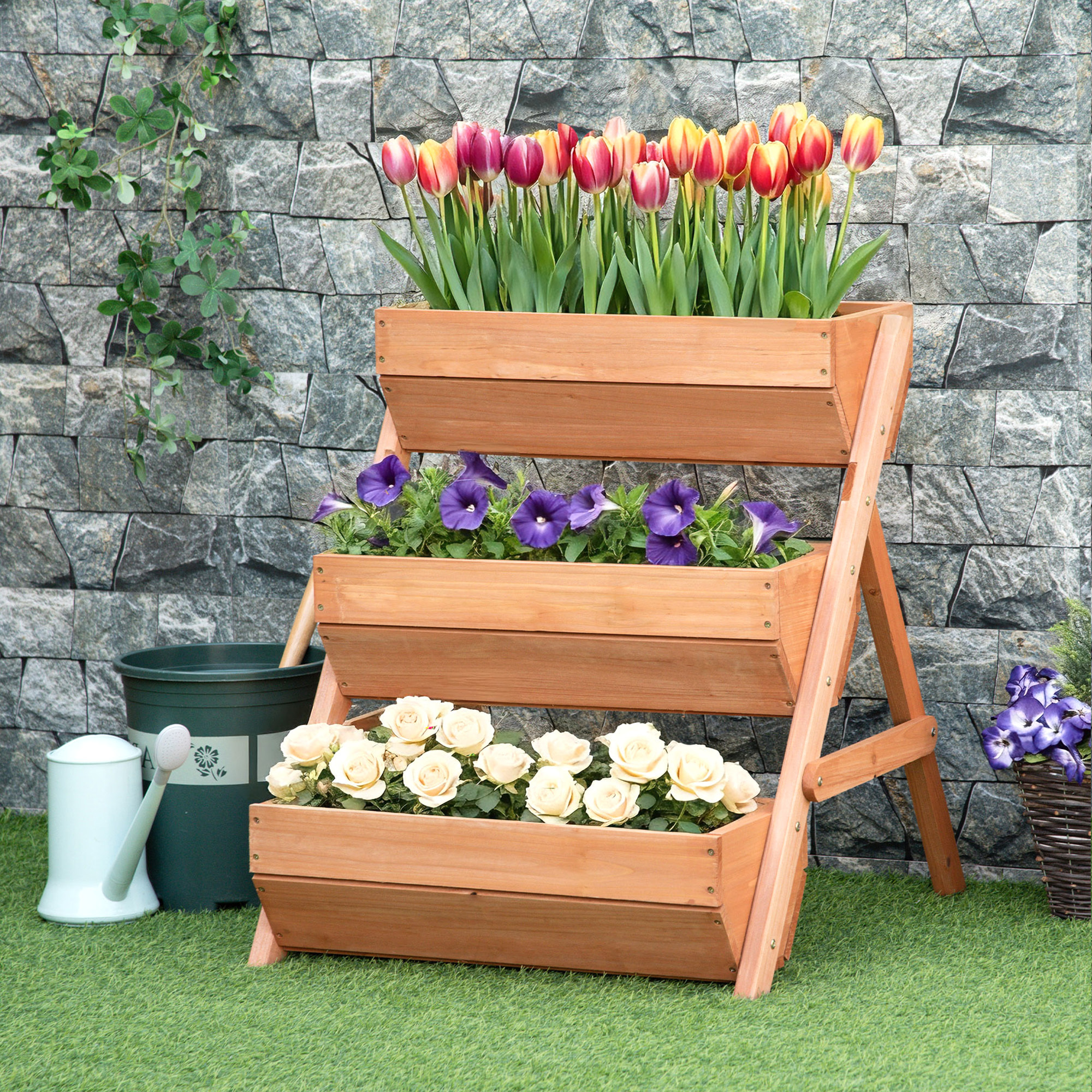 Jardinera de Madera de 3 Niveles, Jardinera Elevada Exterior con Orificios de Drenaje, Macetero para Cultivos de Plantas, Flores, para Terraza, Jardín, 65x75x76 cm, Marrón