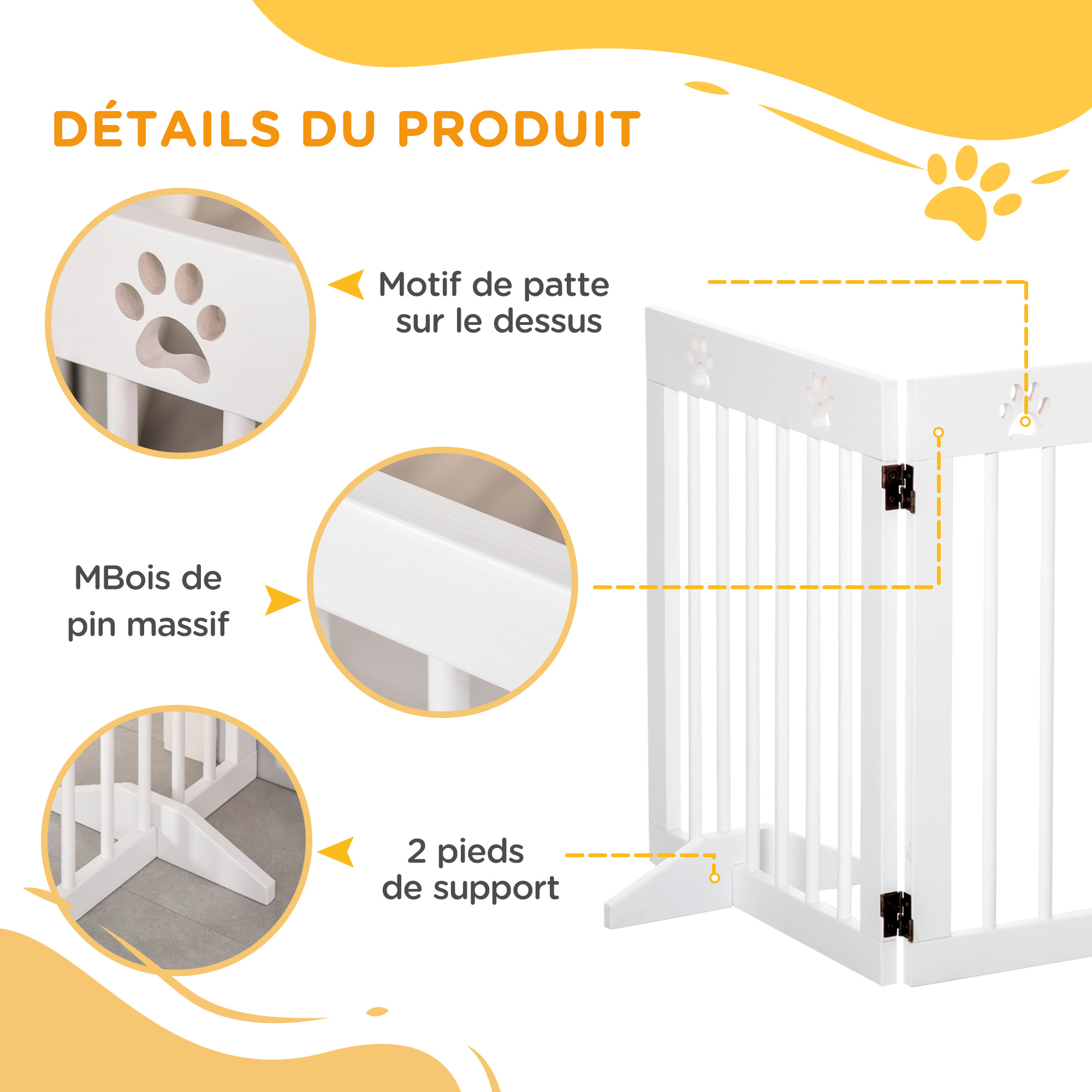 Barrière de sécurité pour animaux - barrière modulable pliable 4 panneaux - motif patte - 2 pieds support - bois de pin blanc