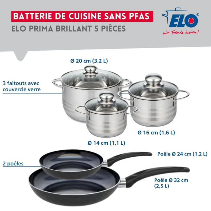 Ensemble de 2 Poêles de cuisson 24 et 32 cm et 3 faitouts 14, 16 et 20 cm Elo Prima Brillant