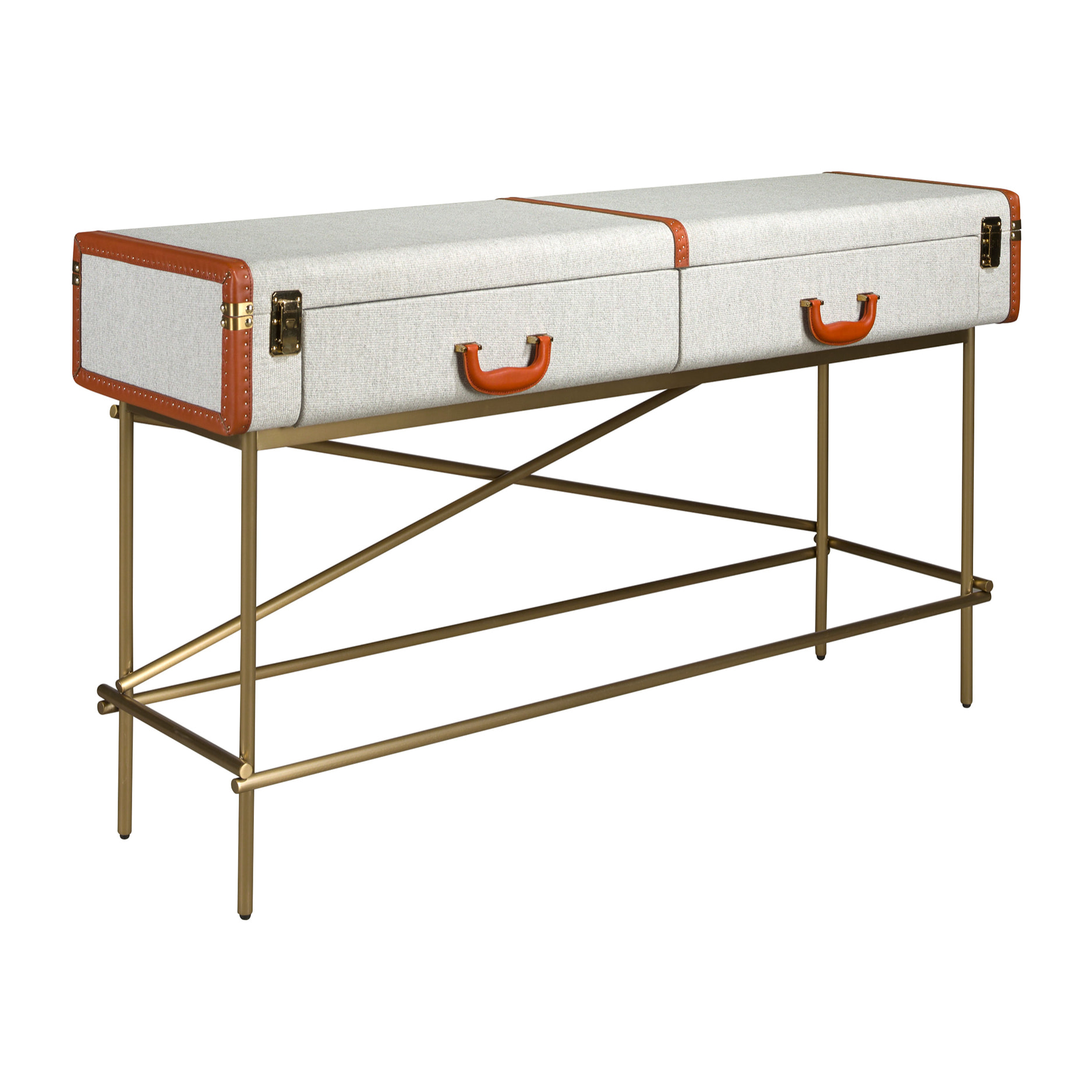 Consola rectangula en madera chapada en nogal natural con un elegante tapizado en tela gris claro 141x45x81cm