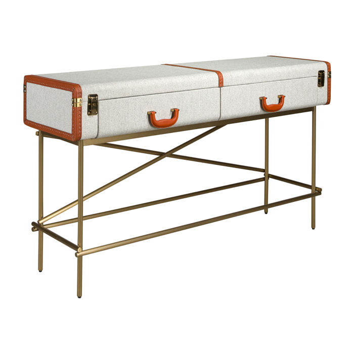 Consola rectangula en madera chapada en nogal natural con un elegante tapizado en tela gris claro 141x45x81cm