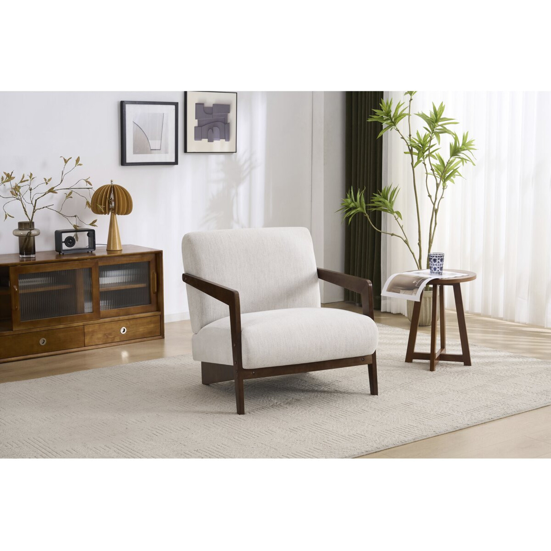 Fauteuil intérieur scandinave en bois et tissu "Lena" - Beige
